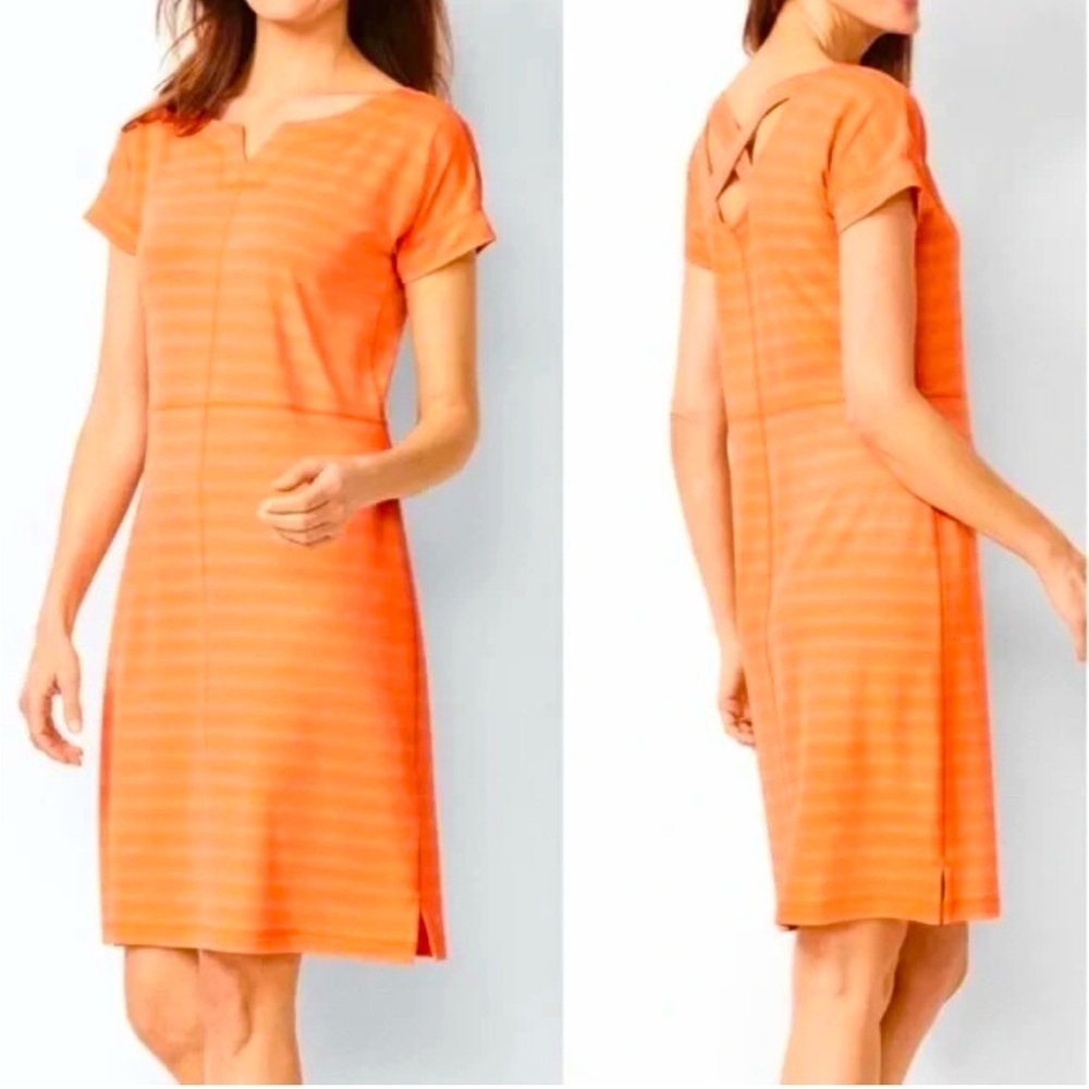 TALBOTS stretch shift dress,orange faint stripes,crisscross Sz LP,UV protection